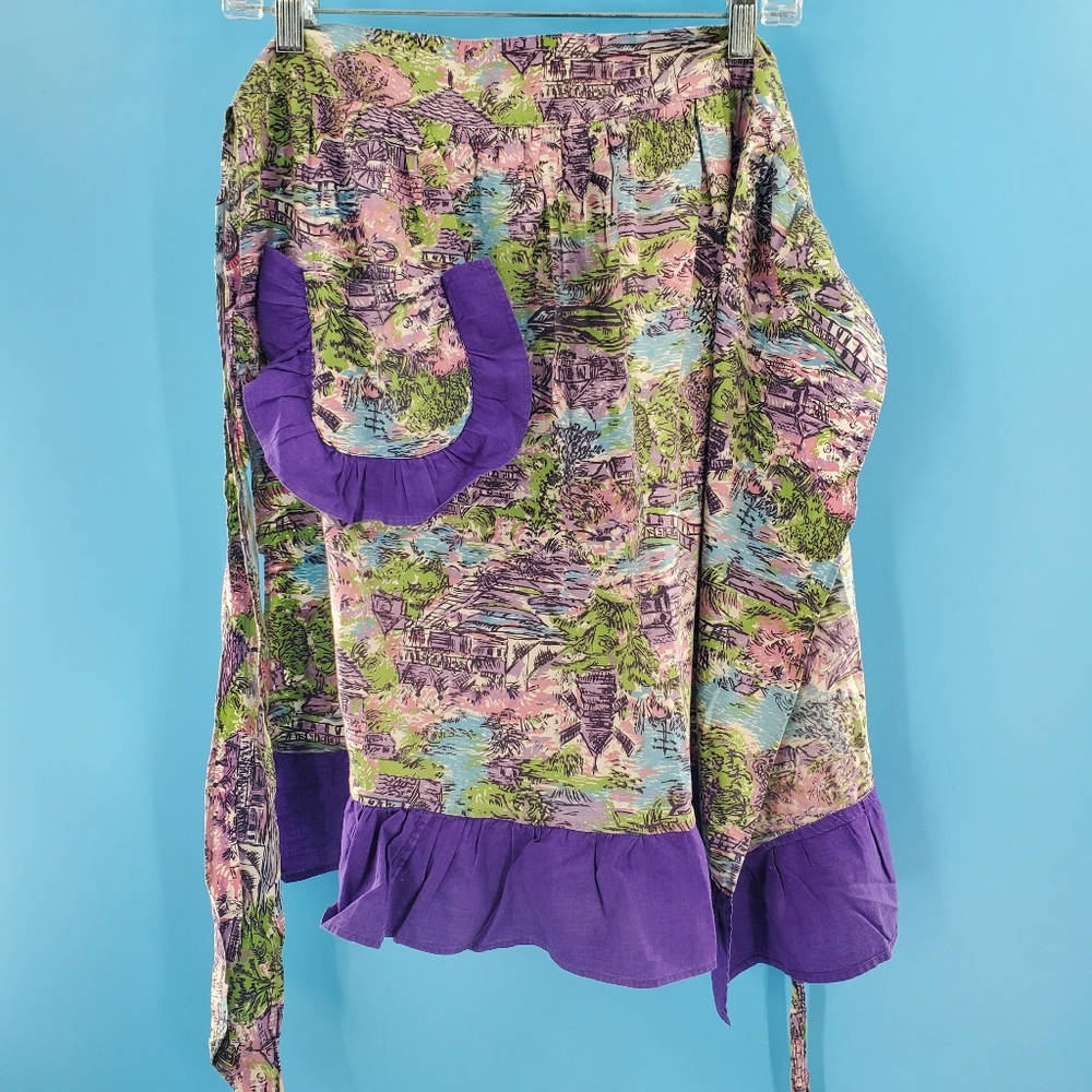 Vintage hand-made apron purple trim - Picture 1 of 6